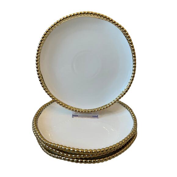 LA PINETINA Ceramic Appetizer Plates 8.5in Set of 4 White Gold Beaded Rim NEW - Picture 8 of 9